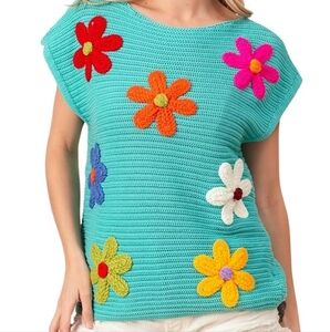 BiBi Teal Knit Top Short Sleeve Sweater Nwt Xl 100% Cotton